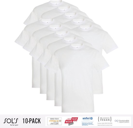Verpakking van 10 witte biologische katoenen t-shirts voor heren met ronde hals, maat L.