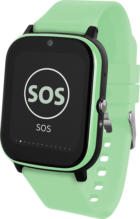 Lichtgroene smartwatch met zwart display met SOS-symbool en tekst.