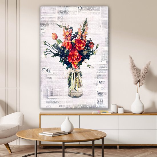 Illustration fleur sur coupure de journal 90x140 cm - Tirage photo sur toile (Décoration murale salon / chambre) / Peintures Fleurs sur toile