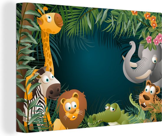 Canvas Schilderij Kleuren - Jungle dieren - Bladeren - Meisjes - Jongetjes - Kinderen - 60x40 cm - Wanddecoratie