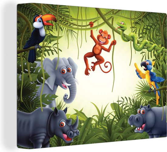 Canvas Schilderij Illustratie - Wilde dieren - Jungle - Jongens - Baby - Meisjes - 120x90 cm - Wanddecoratie