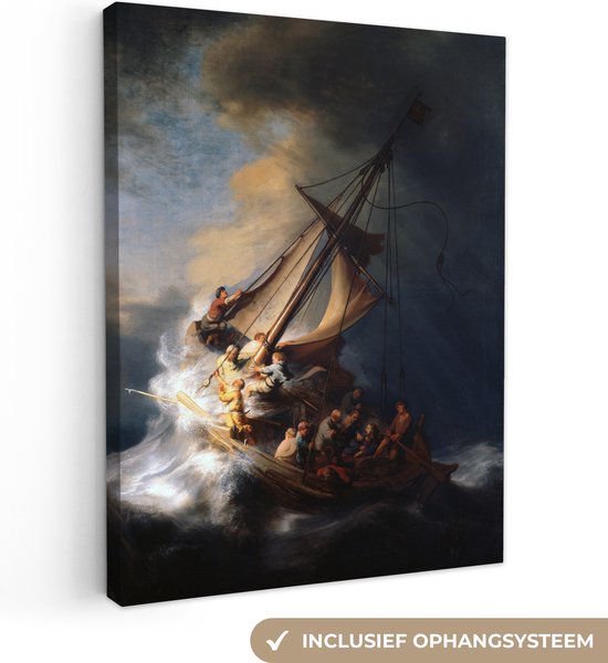 Canvas schilderij 120x160 cm - Wanddecoratie De storm op het meer van Galilea - Rembrandt van Rijn - Muurdecoratie woonkamer - Slaapkamer decoratie - Kamer accessoires - Schilderijen