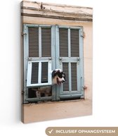 Canvas schilderij 120x180 cm - Wanddecoratie Hond kijkend door een luik - Muurdecoratie woonkamer - Slaapkamer decoratie - Kamer accessoires - Schilderijen