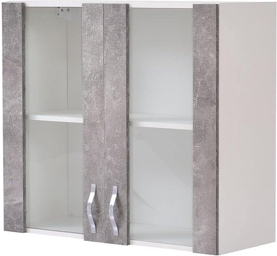 Dressoir, keukenkast met glas, wandkast voor wand, beglazing, hout, twee deuren, 1 opbergvak, 2 vakken, ruime kast, robuust grijs beton, 80 x 32 x 72 cm