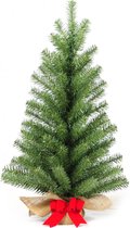 Forest Table Tree kunst (tafel)kerstboom - 75 cm - groen - Ø 42 cm - 110 tips - met rode strik - jute zak