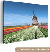 Canvas - Molen - Tulpen - Nederland - Landschap - Woonkamer - 90x60 cm - Canvas schilderij - Wanddecoratie
