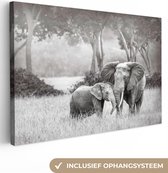 Canvas Schilderij Olifant - Dieren - Natuur - Zwart wit - 120x80 cm - Wanddecoratie