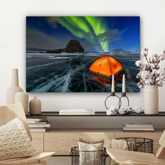 Tente sur la glace sous les aurores boréales toile 2cm 90x60 cm - Tirage photo sur toile (Décoration murale salon / chambre) / phénomènes naturels Peintures sur toile