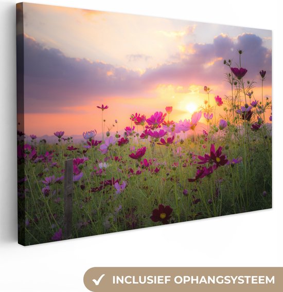 Canvas schilderij 180x120 cm - Wanddecoratie Zonsondergang - Bloemen - Roze - Natuur - Groen - Muurdecoratie woonkamer - Slaapkamer decoratie - Kamer accessoires - Schilderijen