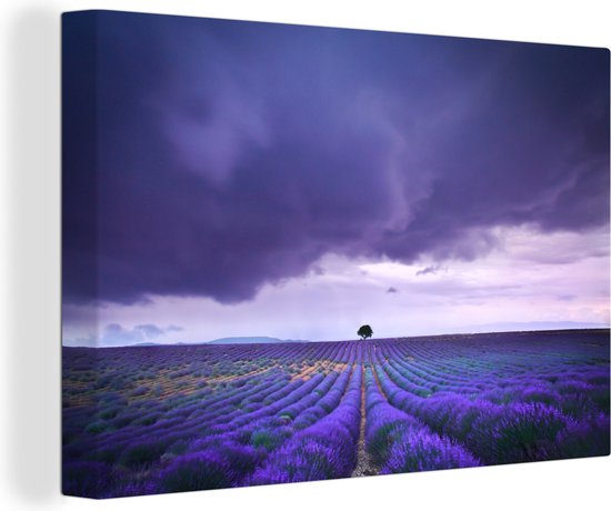 Canvas Schilderij Paarse wolken boven lavendelvelden - 120x80 cm - Wanddecoratie