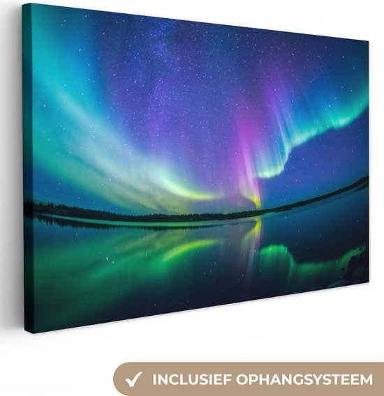 Canvas Schilderij Noorderlicht - Sterrenhemel - Reflectie - 30x20 cm - Wanddecoratie