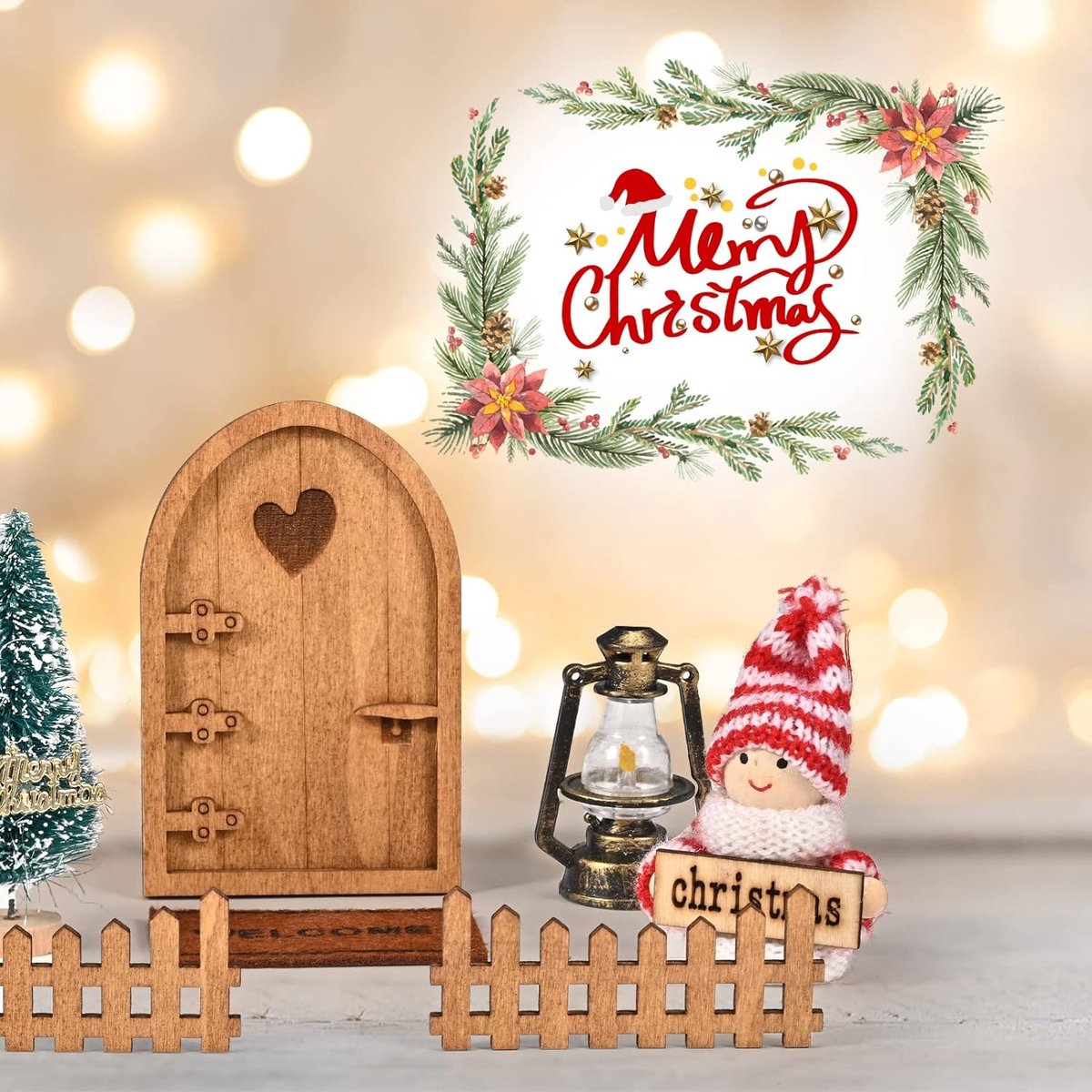 Accessoires de porte de Noël, ensemble de Noël, porte de gnome en bois avec  boîtes aux