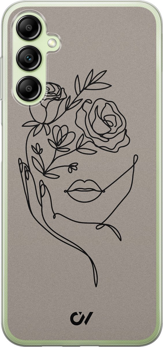 Hoesje geschikt voor Samsung Galaxy A14 5G hoesje - Oneline Face Flower - - Grijs - - Casevibes