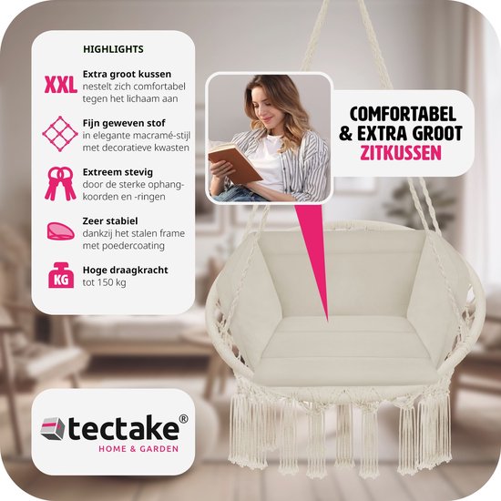 tectake® - hangstoel met kussen, geschikt voor slaapkamer decoratie binnenshuis, als schommelstoel of buitengebruik als tuinmeubel, balkonmeubel en rotanstoel, ondersteunt 150 kg - beige