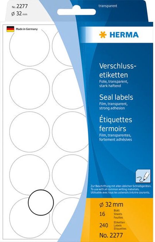 Etiket herma 2277 rond 32mm transparant 240 stuks | Blister a 16 vel | 10 stuks