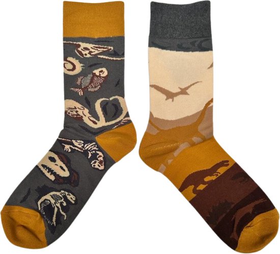Dinosaurus Sokken - 2 verschillende Sokken met Dino's & Dinosaurusbotten - Maat 38/43 - Funny Socks dames/heren/tieners