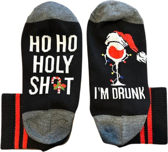 Grappige Kerstsokken met tekst op de zool: Ho Ho Holy Shit, I'm Drunk - Sokken dames/heren 38-43