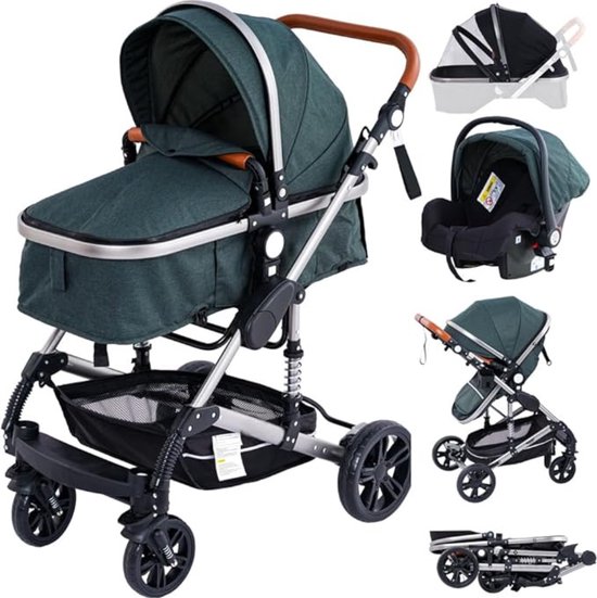 3-in-1 Converteerbare Kinderwagen met Dubbele Vering, Eén-Klik Vouwmechanisme, 90-180