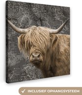 Schotse hooglander - Wereldkaart - Dieren - Canvas - 20x20 cm - Wanddecoratie