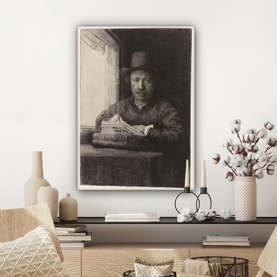 Autoportrait de Rembrandt eau-forte à une fenêtre - Peinture de Rembrandt van Rijn sur toile 60x80 cm - Tirage photo sur toile (Décoration murale salon / chambre)