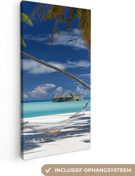 Canvas Strand - Palmboom - Zee - Eiland - Hangmat - 20x40 cm - Muurdecoratie