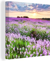 Canvas Schilderij Lavendel - Bloemen - Zonsondergang - Paars - Weide - 90x90 cm - Wanddecoratie