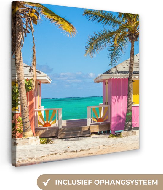 Tableau sur toile Cabanes de plage colorées Caraïbes - 90x90 cm - Décoration murale