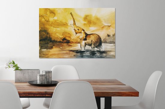 Tableau Toile Éléphant - Aquarelle - Water - 90x60 cm - Décoration murale