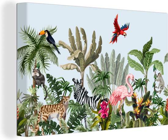 Canvas Schilderij Jungle - Flamingo - Aap - Jongens - Meisjes - Kids - 60x40 cm - Wanddecoratie