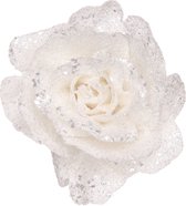 Witte roos met glitters op clip 10 cm - kerstversiering