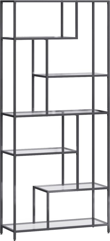 Een hoge, 6-laags boekenkast met een zwart metalen frame en glazen planken.