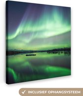 Canvas Schilderij Noorderlicht - Meer - IJsland - Groen - Bos - Sneeuw - 90x90 cm - Wanddecoratie