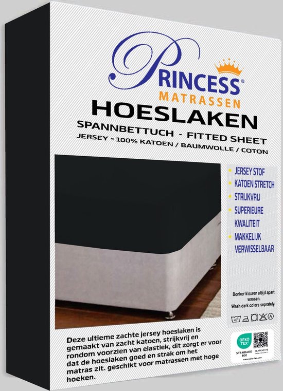 Het Ultieme Zachte Hoeslaken- Jersey -Stretch -100% Katoen -2Persoons-Lits-Jumeaux-180x200x30cm-Zwart