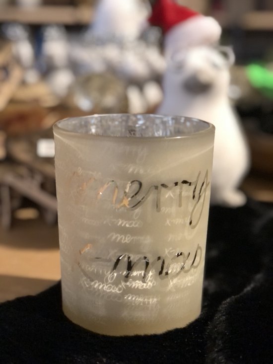 Windlicht Merry X-Mas Goud - Kerstdecoratie - Kerstsfeer - waxinelichthouder - Ø10x12,5cm