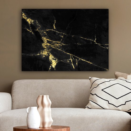 Toile Peinture Marbre - Zwart - Or - Luxe - 80x60 cm - Décoration murale