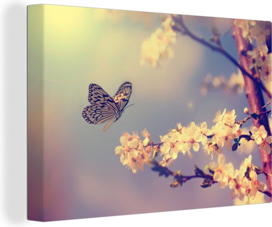 Toile - Papillons - Fleurs - Branches fleuries - Nature - Soleil - Décoration murale murale - Peintures sur toile - Toile entoilée - 30x20 cm