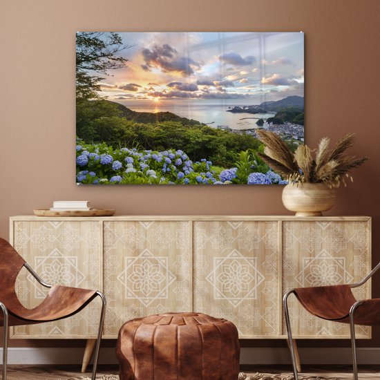 Peinture sur Verre - Coucher de Soleil avec Hortensia - 120x80 cm - Peintures sur Verre Peintures - Photo sur Glas