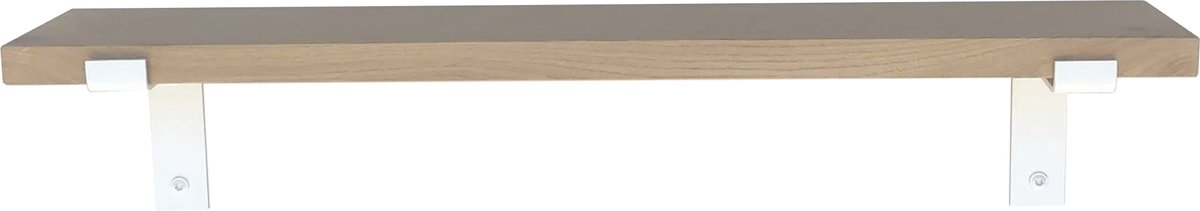 GoudmetHout Wandplank Industrieel - 200 x 15 cm Muurplank - Licht Eiken Hout - Decoratie Wandrek & Boekenrek - Hangplank Keuken - Wall Shelf + 2 Mat Witte Plankdragers van Staal