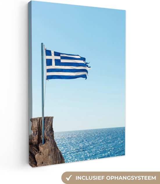 Canvas Schilderij Griekse vlag voor de blauwe zee - 40x60 cm - Wanddecoratie