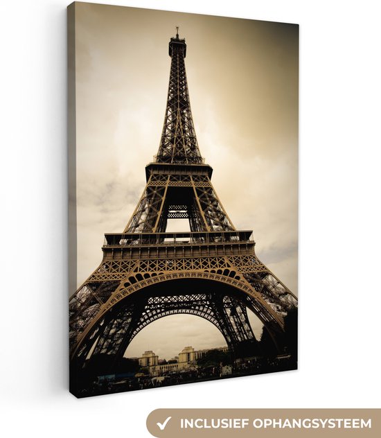 Canvas schilderij 120x180 cm - Wanddecoratie Eiffeltoren in Parijs sepia fotoprint - Muurdecoratie woonkamer - Slaapkamer decoratie - Kamer accessoires - Schilderijen