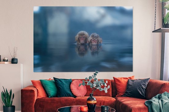 Canvas schilderij 180x120 cm - Wanddecoratie Japans - Apen - Water - Dieren - Landschap - Muurdecoratie woonkamer - Slaapkamer decoratie - Kamer accessoires - Schilderijen