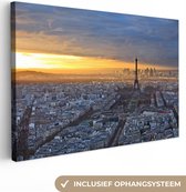 Canvas Schilderij Parijs - Skyline - Zon - 60x40 cm - Wanddecoratie