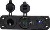 Orbit Electronic® Universele Dual USB stopcontact QC3.0 met 12V stopcontact, Voltmeter & Schakelaar - Drie Gaten Paneel - 12-24V DC - 5V/3A - Blauw - Geschikt voor ieder voertuig