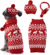 Kersttrui voor honden, sjaalmuts, set, hondentrui, hond kersttrui, hondentrui, rood rendier, warme winter (L, rood)