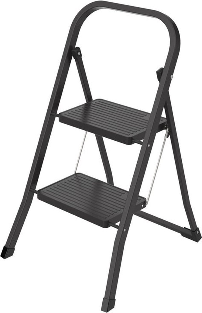 BRASQ Huishoudtrap SL200 zwart - keukentrap inklapbaar 2 treden metaal voor Particulier en professioneel gebruik - Trap Ladder - Anti slip
