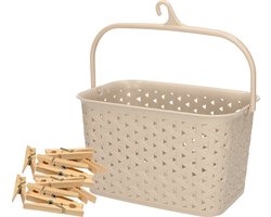 Wasknijpers mandje met ophanghaak - beige - gevuld met 96x houten wasknijpers van 7 cm - was ophangen