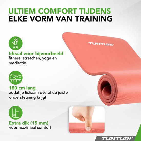 Koraalrode Tunturi mat, 180 cm lang en 15 mm dik voor ultiem comfort. Ideaal voor fitness, yoga.