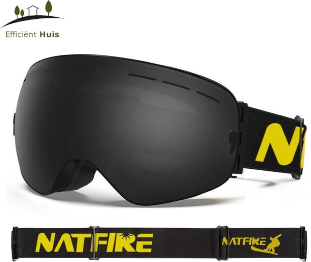 Natfire - Ultieme Skibril - Zwart - UV-bescherming - Geschikt voor brildragers - Anti-Mist - Ventilatie - UV400