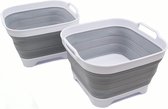 SAMMART 10L Collapsible Plastic Dish Pan with Drip Plug - Foldable Sink - Portable Dish Washing Tray - Space Saving Kitchen Storage (2, White/Grey)