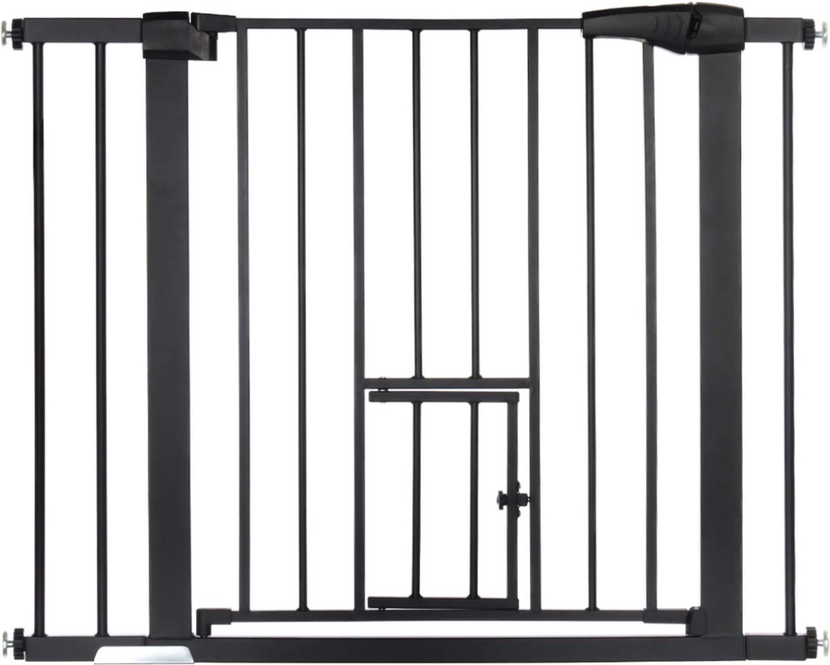Bol.com Traphekje Zonder Boren - Met Kattenluik & Verlengstuk - Breedte 75-103cm Hoogte 76cm - Veiligheidshek voor Baby's, Kinde... aanbieding
